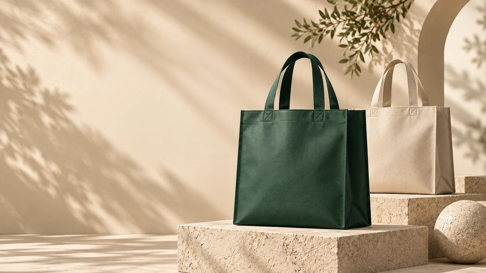 Forest-green and ivory non-woven bag concepts on pale stone, with generous space for a custom brand